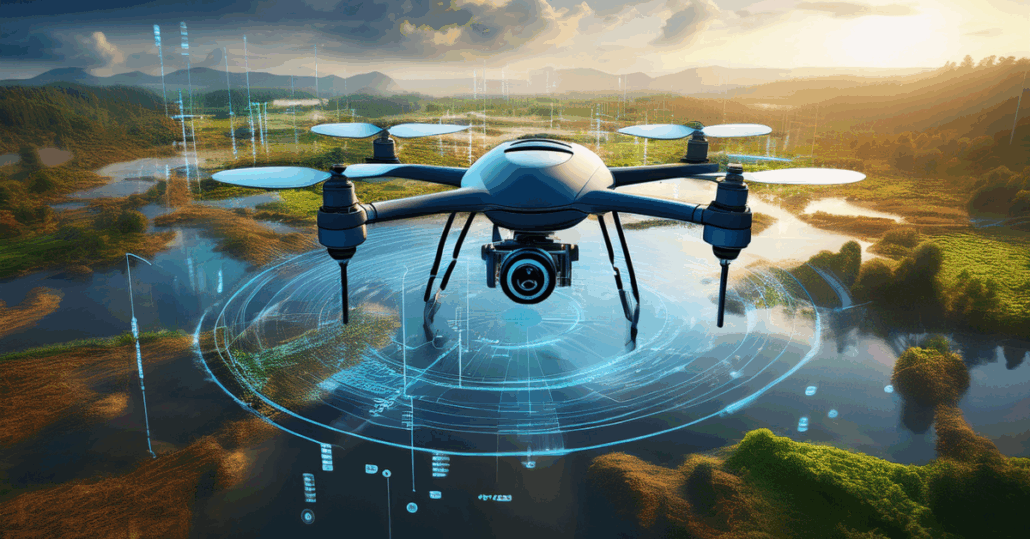 Drone flying over flooded land mapping GIS data