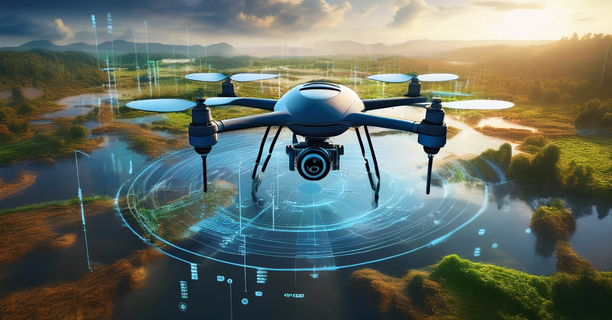 Drone flying over flooded land mapping GIS data