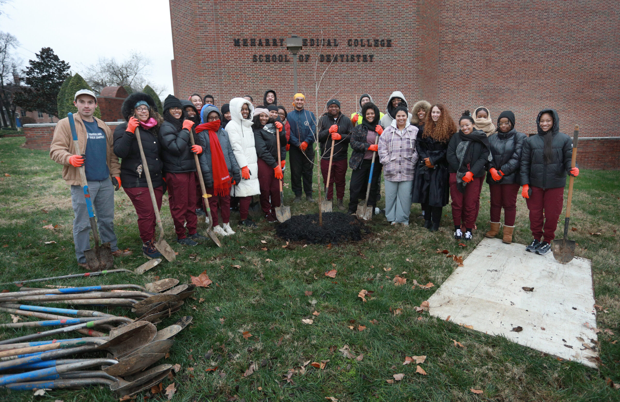 Group photo of PA Students and Cumberland River Compact Staff planting the first tree.