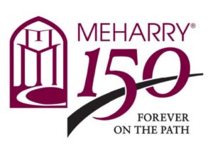 The image is a logo featuring text and graphic elements. It includes the name "MEHARRY" in large letters at the top, followed by the number "150" and the word "FOREVER ON THE PATH." Below this, there's an illustration of a birdcage with an open door. The logo has a maroon background and is set against a white border.